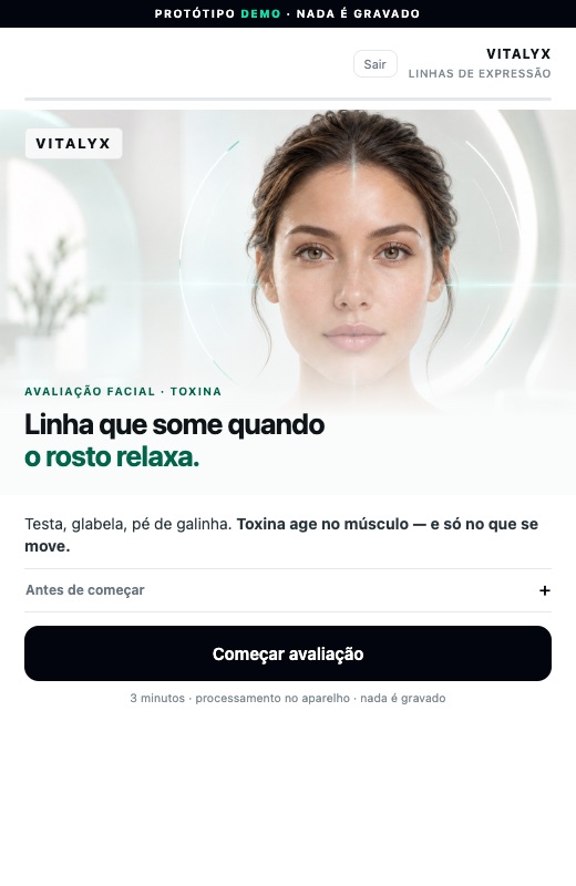 Tela inicial real da demonstração Botox; imagem estática, não é um quadro de uma gravação