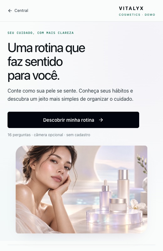 Tela inicial real da demonstração Cosméticos; imagem estática, não é um quadro de uma gravação