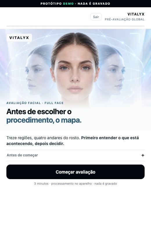 Tela inicial real da demonstração Full Face; imagem estática, não é um quadro de uma gravação