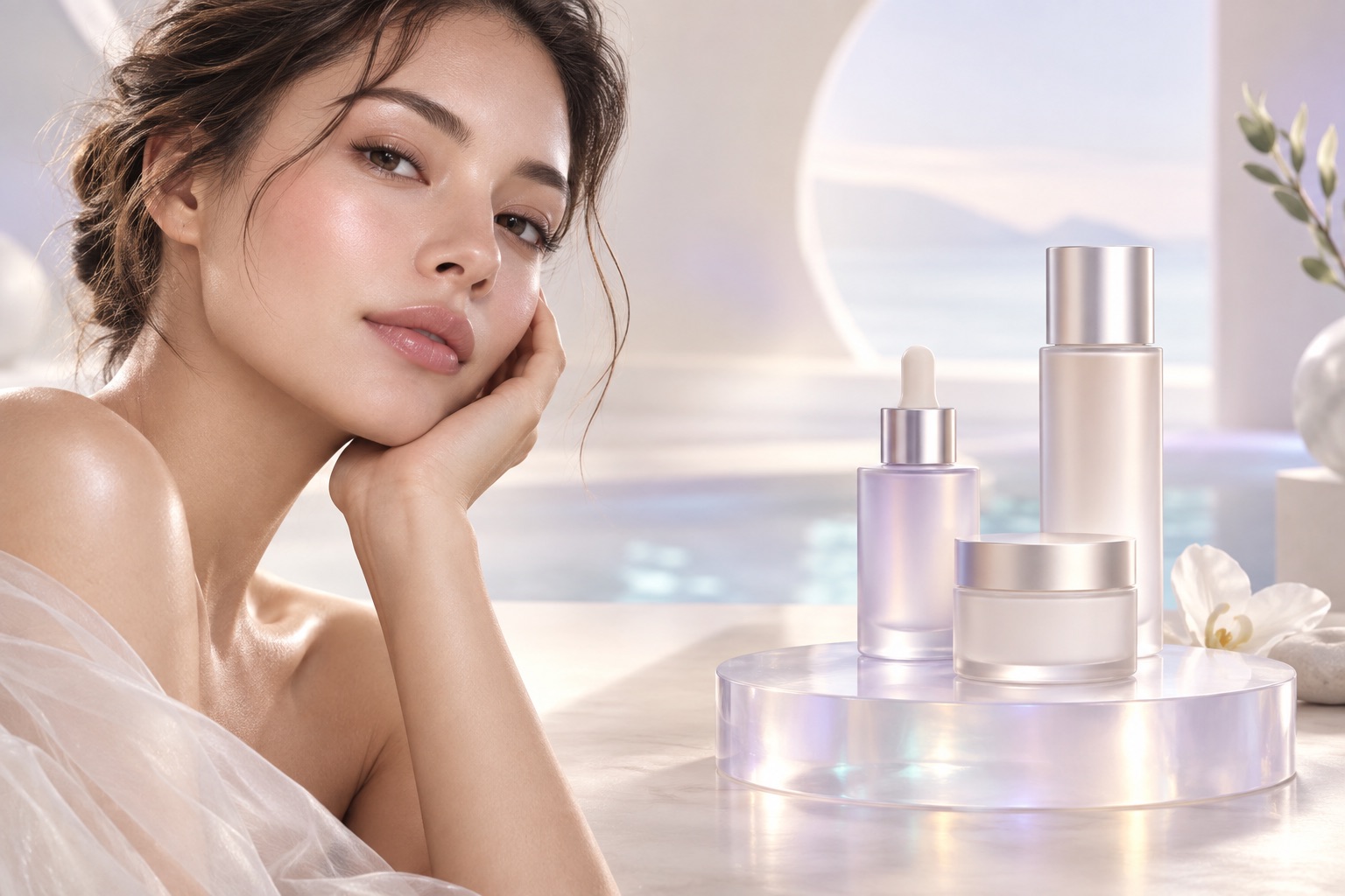 Ilustração conceitual de rosto sintético e embalagens genéricas de skincare em uma composição clara e botânica